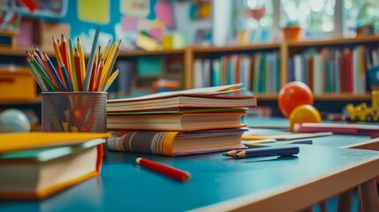 Close-up of Elementary School Classroom, focused on colorful books, pencils, and student projects scattered on tables