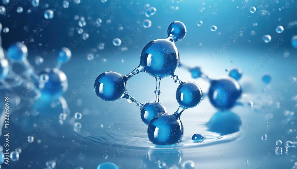 Poster molecular structure with blue droplets reflecting light in an abstract, serene atmosphere on a soft 