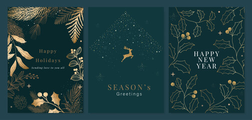 Christmas Luxury Happy Holidays invitation card design vector. Elegant Happy New Year card with leaves branch, snowflake, gold foil texture on red background. Design for Season's Greeting. © babeer
