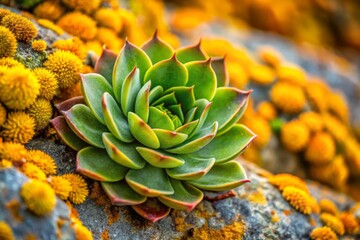Panoramic Long Exposure of Small Succulent Amidst Yellow Lichens on Stone Surface