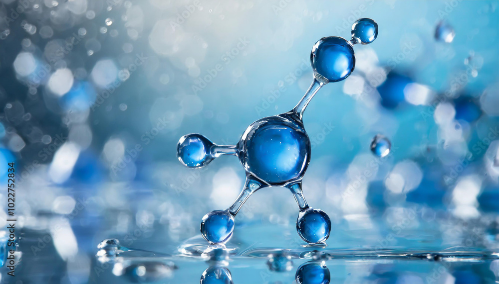 Poster molecular structure with blue droplets reflecting light in a dynamic, luminous environment