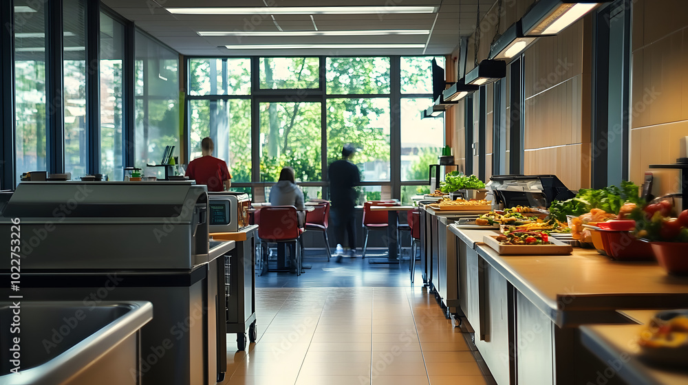 Poster exploring workplace cafeterias: a guide to menu options and dining environments