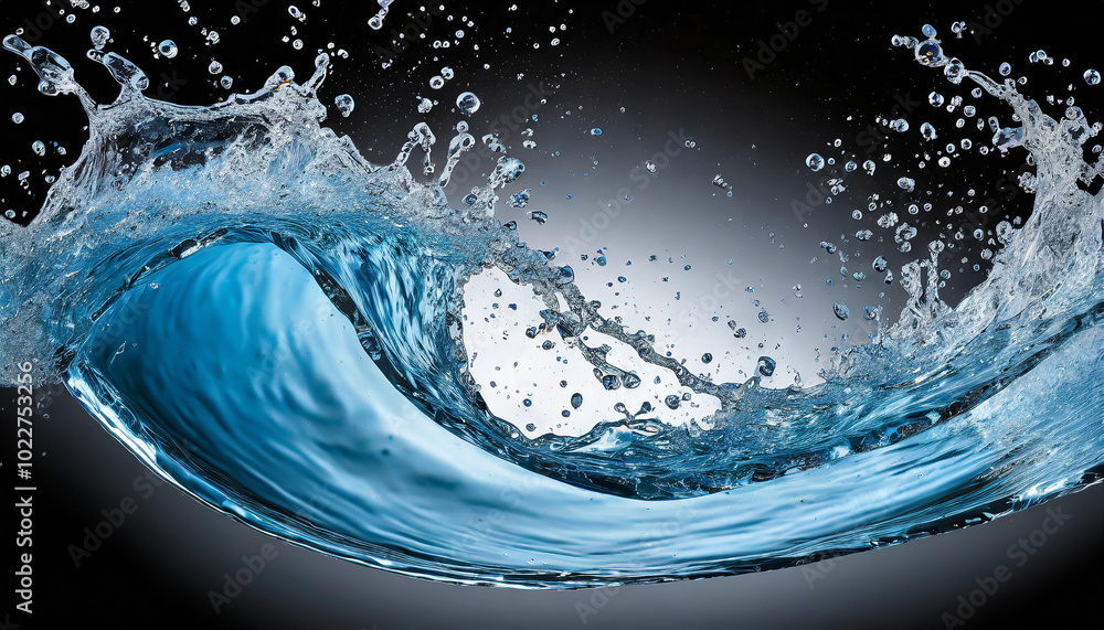 Poster dynamic splash of blue water creating waves against a dark background with vibrant details captured 