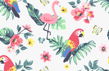 tropical birds and colorful wild flowers seamless pattern © tsuponk