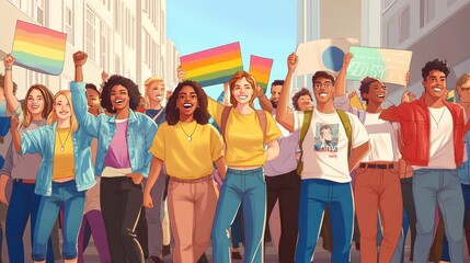 Fototapeta premium A diverse group of people marching together, holding signs in support of LGBTQ+ rights.