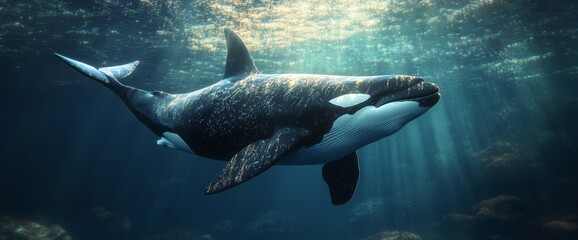 Fototapeta premium A large, black and white orca whale swims gracefully through the blue water with sunbeams shining down on it.