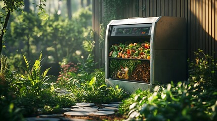 A high-tech composting system in a landscaped garden, smart sensors monitoring the process of turning waste into compost, green plants surrounding the machine, sunlight casting soft shadows,