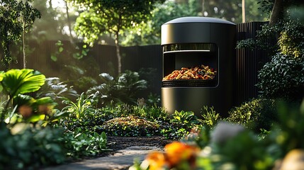 A high-tech composting system in a landscaped garden, smart sensors monitoring the process of turning waste into compost, green plants surrounding the machine, sunlight casting soft shadows,