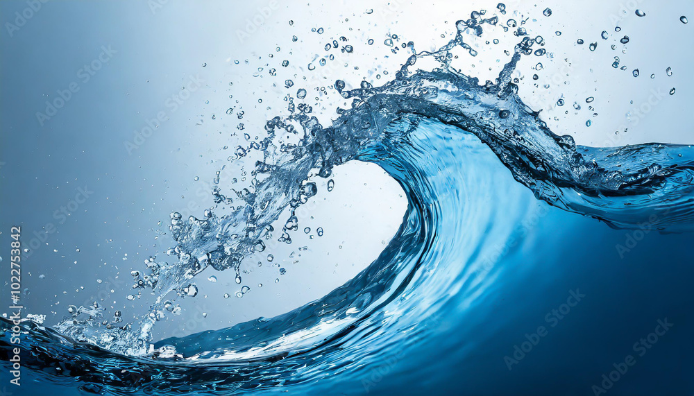 Poster a dynamic splash of water forming a wave against a gradient background at midday showcasing the beau