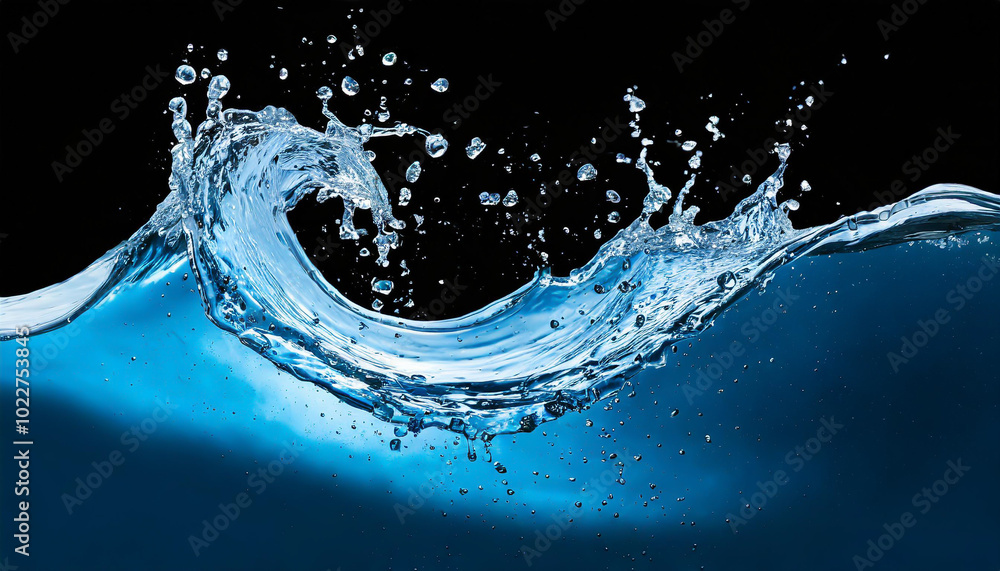 Poster a powerful wave crashing with sparkling water droplets captured in high detail against a dark backgr