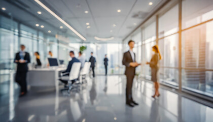 Modern office workspace with professionals collaborating and discussing strategies in a bright urban environment during the day