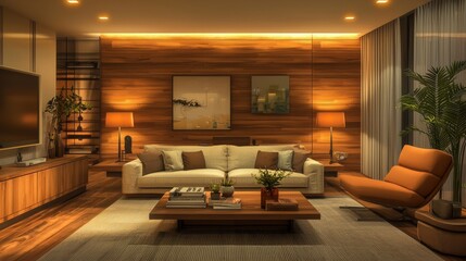 Cozy apartment interior featuring warm lighting, contemporary furniture, and compact layout designed for comfort and style