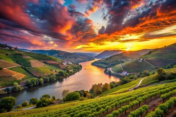 Serene Sunset Over Douro Valley River with Lush Vineyards and Dramatic Sky in Portugal's Landscape