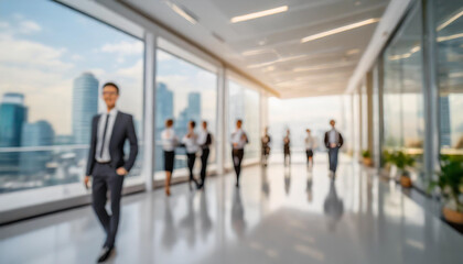 Professional team collaborates in a modern office overlooking a city skyline on a sunny day