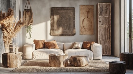 Expertly styled interior with contemporary furniture, artistic decor, and a harmonious blend of textures and colors
