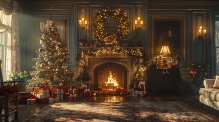 Cozy holiday atmosphere in living room with glowing fireplace and decorated Christmas tree