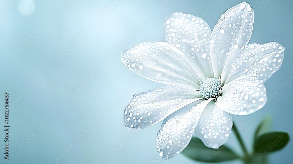 Wall mural A white flower with water droplets on the petals against a light blue background is a close-up image