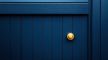 Close-up of a blue wooden door with vertical panel design and a polished brass doorknob