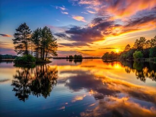 Fototapeta premium Serene Sunset Over Tranquil Lake with Silhouetted Trees and Reflections in Calm Water Surface