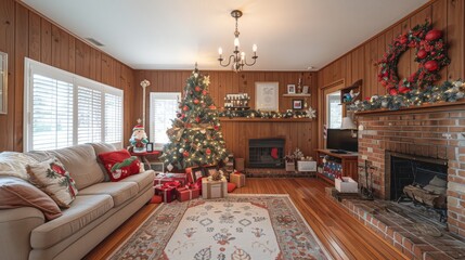 Cozy living room with decorated Christmas tree and glowing brick fireplace creating a warm holiday atmosphere