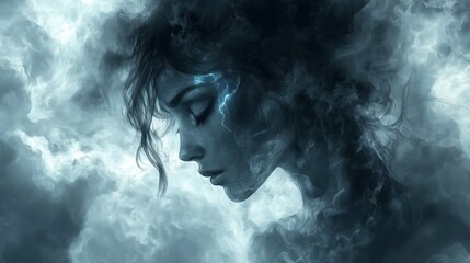 Mysterious woman s face in a cloud of smoke with lightning