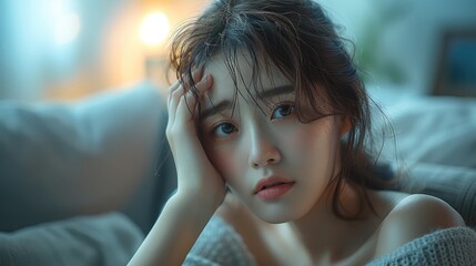 Naklejka premium A woman of Asian descent seated on a couch, her hand pressed to her forehead in a gesture of distress or discomfort.