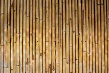 A close-up of a bamboo wall, displaying the natural texture and warm yellowish-brown tones. The bamboo is arranged vertically, creating a simple yet organic pattern.