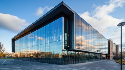 A modern building exterior featuring glass panels and metal framework, reflecting the sky and surrounding urban landscape