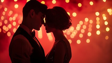 A romantic silhouette of a couple against a backdrop of glowing lights, conveying intimacy and connection in a dreamy atmosphere.