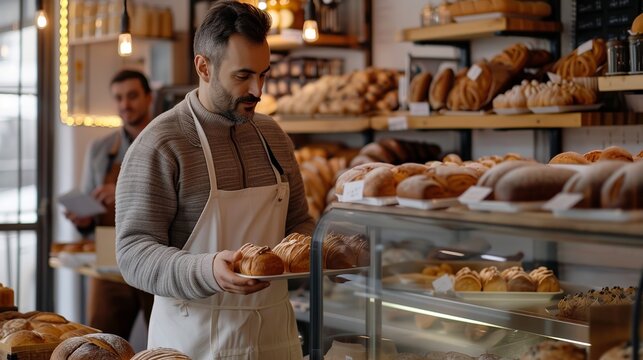 Man working on digital devices to manage online business orders in a busy bakehouse setting.