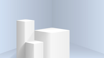 Realistic white cube pedestal podium with soft blue grey room background