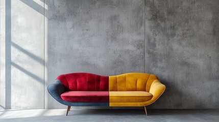 The minimalist interior design of a modern living room, featuring a vibrant multicolored sofa placed against a sleek, bare concrete wall. Clean lines.
