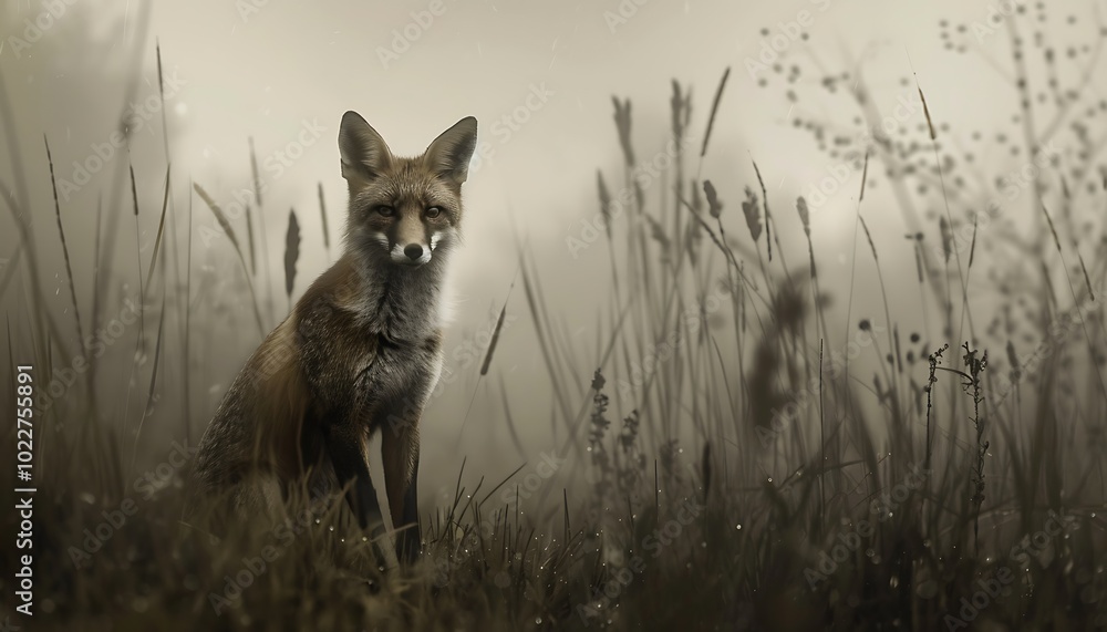 Poster a fox sits serenely in a misty field, surrounded by tall grass, creating a tranquil and mysterious a