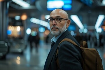 Obraz premium Experienced businessman waiting at the airport terminal, sitting with a briefcase, looking thoughtful and professional in a modern travel setting.