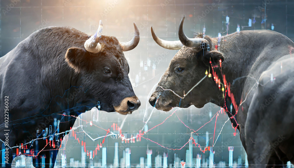 Poster bulls confronting each other in a financial market setting with stock charts and graphs illustrating