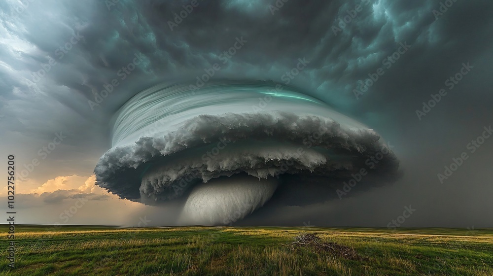 Poster a large funnel cloud forms over a field of green grass, creating a dramatic and ominous scene.