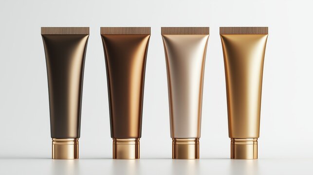Four metallic cosmetic tubes in gold, bronze, and copper shades