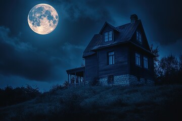 Haunted house silhouette under full moon at night