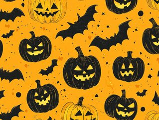 a vibrant display of Halloween spirit, featuring a pattern of pumpkins and bats with a yellow background.