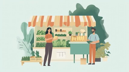 Illustration of a fair-trade e-commerce platform, connecting ethical producers with conscious consumers, promoting sustainability, illustrations
