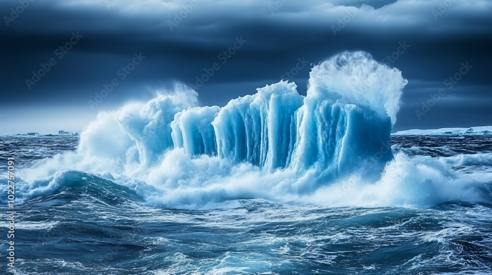 Poster a large iceberg is breaking apart in the middle of the ocean, with waves crashing around it.