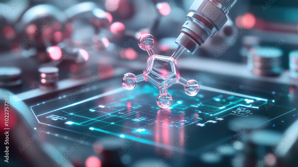Poster 3d printed drug molecule is being manipulated with precision, showcasing advanced technology in futu