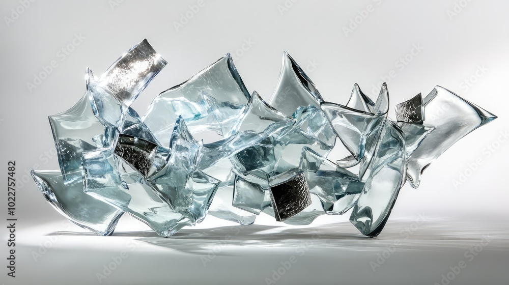 Poster an abstract arrangement of glass shards fused with metal pieces, creating a dynamic sculpture that r