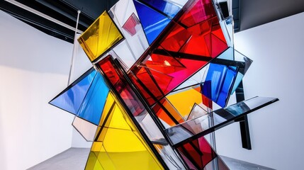 Fototapeta premium An abstract piece of art combining colorful glass and industrial metal, creating a striking visual statement in a gallery space