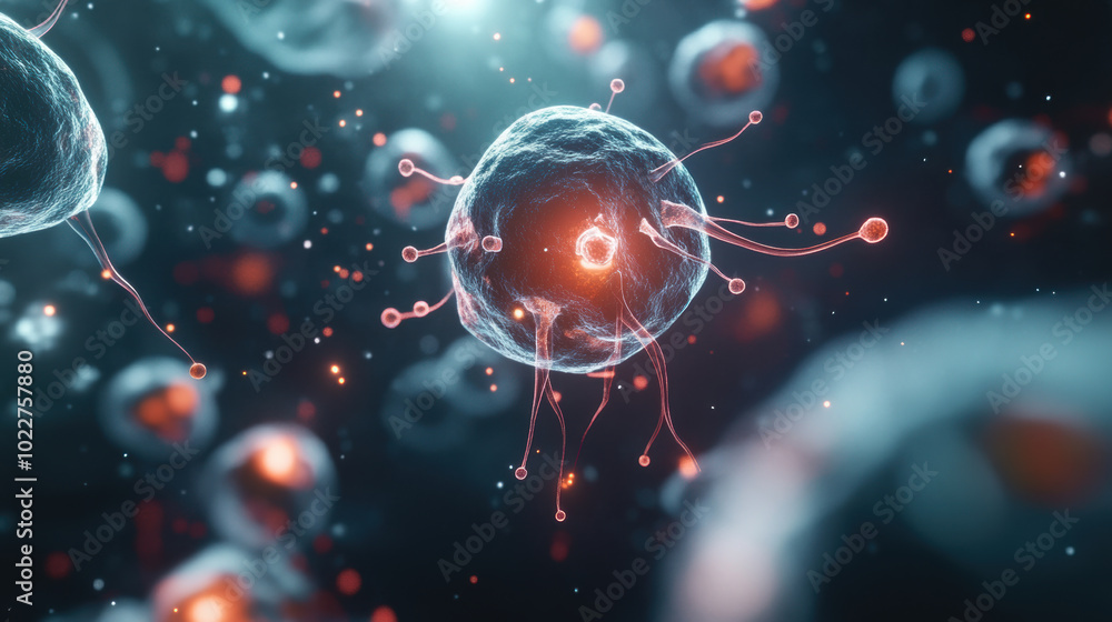 Poster detailed close up of human cells reacting to stimuli, showcasing their intricate structures and dyna