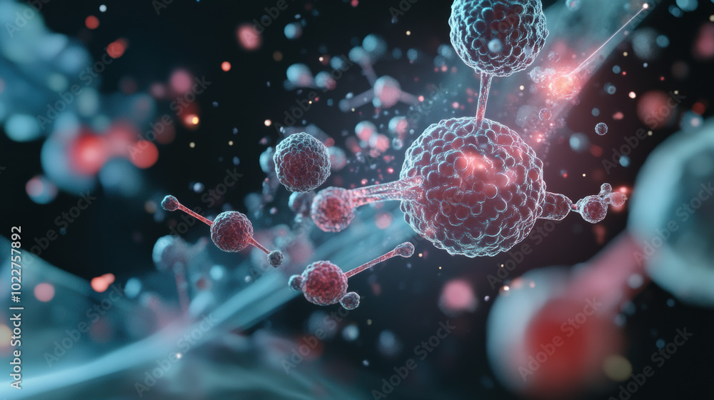Poster detailed close up of human cells reacting to stimuli, showcasing vibrant colors and intricate struct