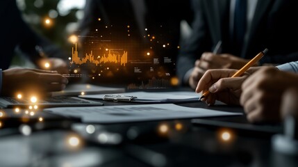 Business professionals reviewing documents with digital financial data visualizations overlayed, showcasing charts and graphs, creating a focused and analytical atmosphere