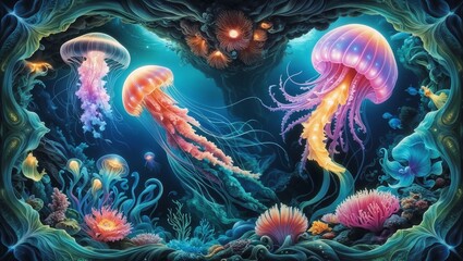 Luminous underwater scene with graceful jellyfish and vibrant coral reefs for marine life art concepts