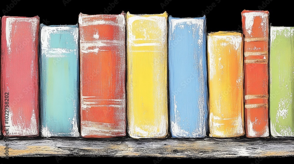 Poster a close-up of a bookshelf filled with colorful, well-worn books, creating a vibrant and inviting lib