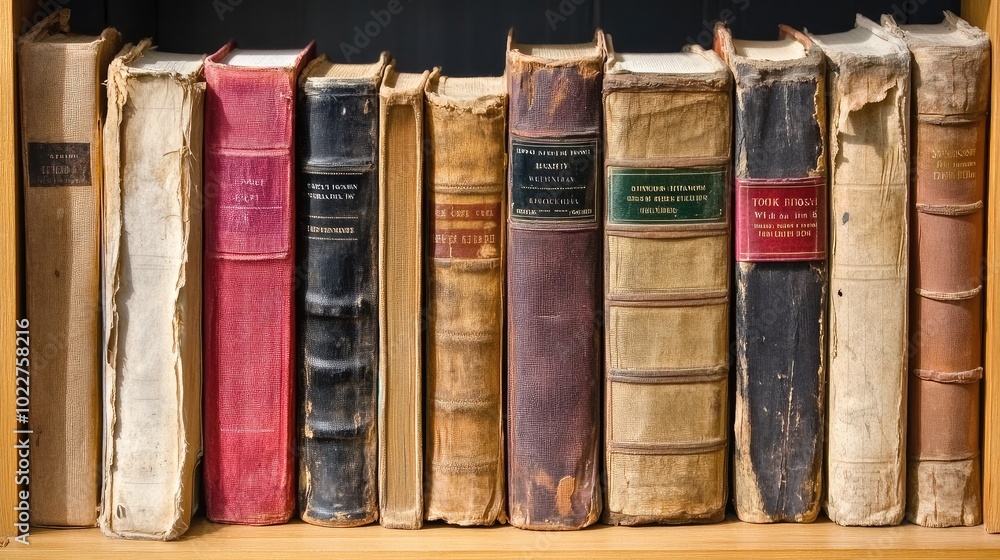 Aufkleber a close-up of a row of books on a library shelf, with worn-out spines showing signs of age and use.